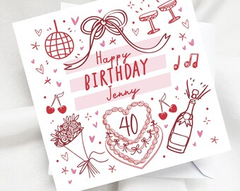 Personalised Hand Drawn Girly Birthday Card, Coquette Pink and Red Age Keepsake, Friend Daughter Granddaughter