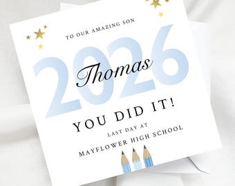 Personalised Leaving School Card 2026 Son Grandson Nephew Brother, Class of 2026 Last Day of School Card, Custom Blue Text Card