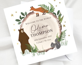 Personalised Woodland Theme New Baby Card
