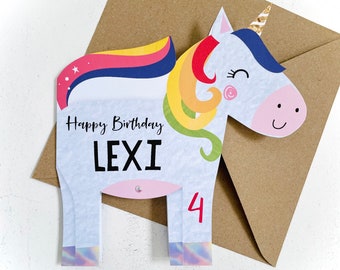 Cute Unicorn Birthday Card with Name and Age, Small Personalised Unicorn Birthday Card, Rainbow Hair Unicorn Birthday Card