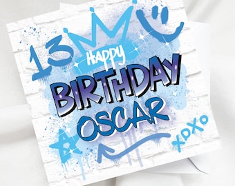 Personalised Graffiti 13th Birthday Card, Spray Paint Wall Thirteen Keepsake, Custom Name Smiley Face Street Art, Urban Mural Happy Birthday