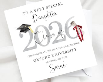Personalised Daughter Graduation Card, Custom Son University Graduate Gift, Mortar Board and Scroll Card, Class Of 2026 Degree Keepsake
