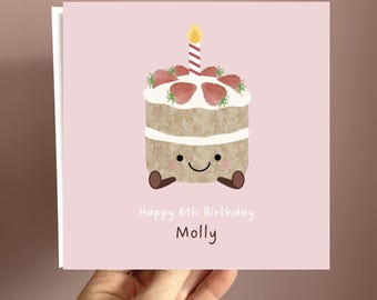 Personalised Victoria Sponge Cake Birthday Card, Cute Character Face and Feet, Custom Name & Age, Daughter, Sister, Friend, Any Relation