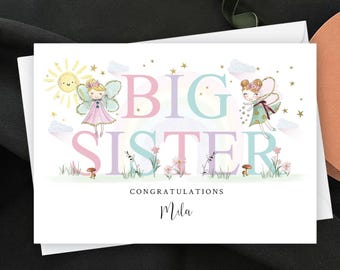 Personalised Fairy Big Sister Card, Congratulations on Becoming a Sibling Keepsake