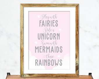 Pink Bedroom Print, Fairy Unicorn Mermaid Rainbow Print, Unicorn Bedroom Poster, Rainbow Bedroom Print, Fairy Saying Print, Girls Room Print