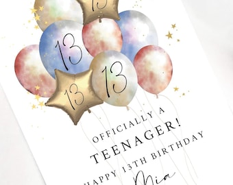Personalised 13th Birthday Card, Officially a Teenager Card, Teen Birthday Card, Custom Name 13 Year Old Birthday Card, Gold Balloon Card