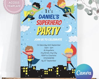 Superhero Birthday Invitation Template, Editable Canva Kids Party Invite, Comic Book Skyline Silhouette, Instant Download 5x7 Digital