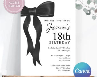 Digital Black Bow Invitation Template, Editable Canva 18th Birthday Invite, Instant Download 5x7 Digital