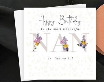 Happy Birthday Nan Card, Dried Flowers and Hearts Wonderful Nan in the World Keepsake