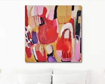 Abstraktes, rotes Bild, Acryl, Ölkreide und Pasetell auf Leinwand, 2022, 100 x 100 cm