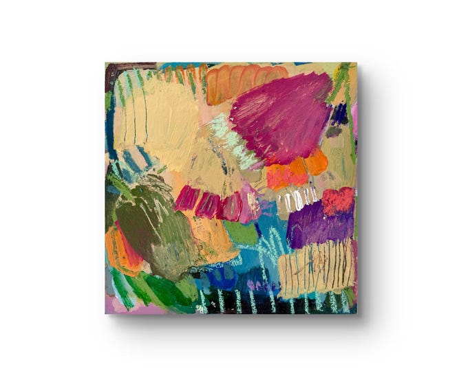 Vibrant Purple & Yellow Mixed Media Art: Textured Painting on Wood Block, 30 x 30 cm