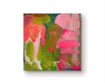 Textured pink & green Acrylic Painting an Wood Block, 30 x 30 cm