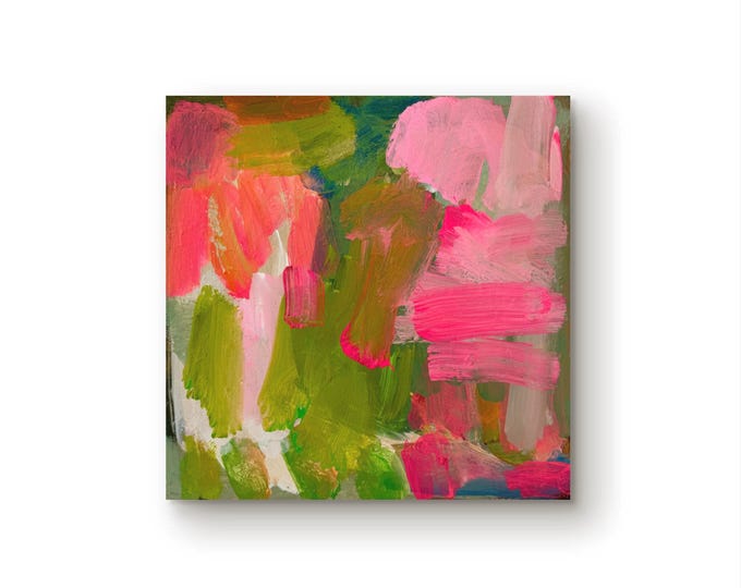 Textured pink & green Acrylic Painting an Wood Block, 30 x 30 cm