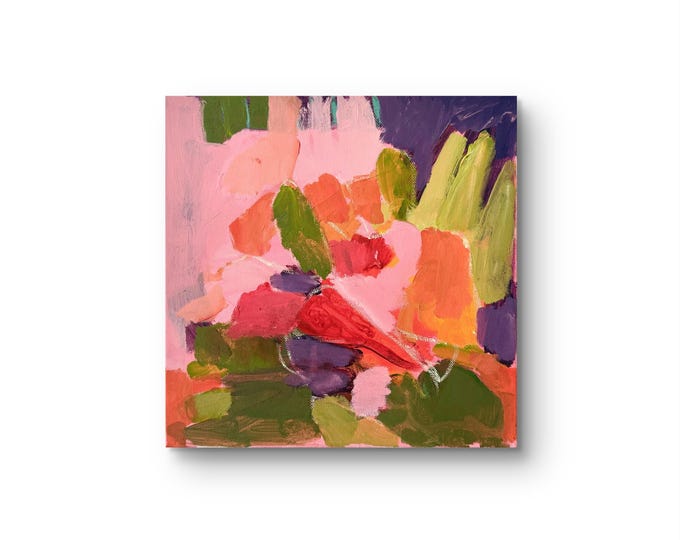 Abstract Purple Floral Canvas Wall Art: Red and Green Shades - 30 x 30 cm