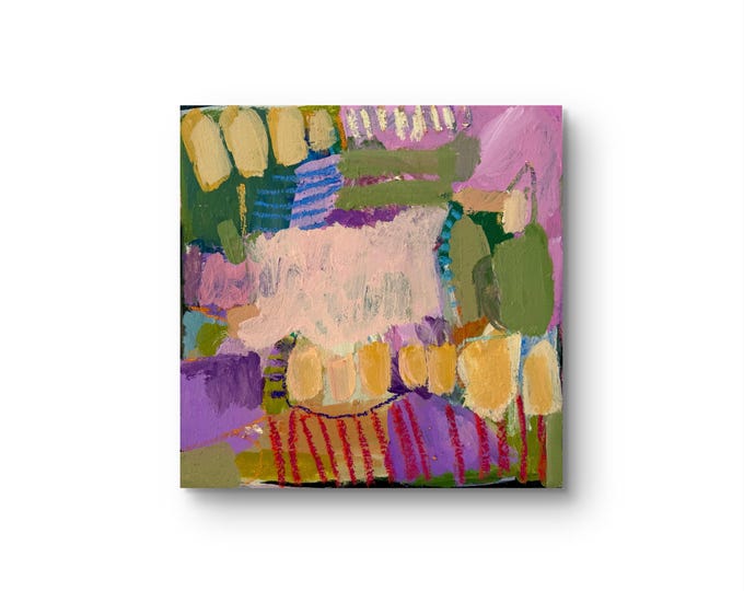 Vibrant Purple & Yellow Abstract Textured Painting - Mixed Media Art on Wood Block - 30 x 30 cm