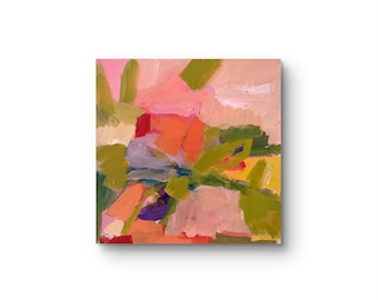 Abstract Pink Floral Canvas Wall Art: Red and Green Shades - 30 x 30 cm