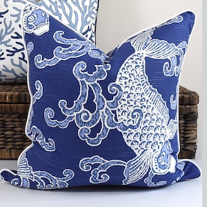 Chinoiserie fish pillow cover navy and white koi fish cushion hamptons style navy and white coastal home accent throw toriental japanese