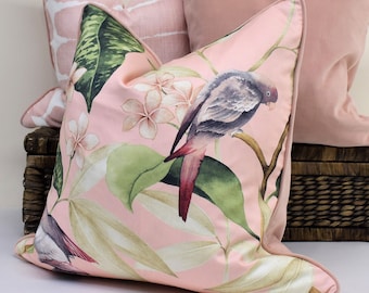 Chinoiserie chic Pink and green Bird foliage pillow cover blush pink parrot floral cushion cover
