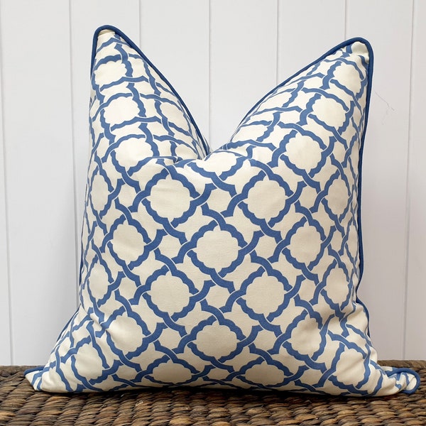 Geometric Chinoiserie Chic Pillow Cover Cadet Blue and Ivory Quatrefoil Hampton Style Coastal Home Cushion