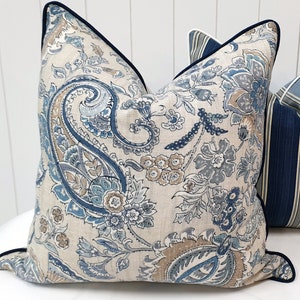 Hamptons style paisley pillow cover blue and limestone grey linen rayon decorative pillow beachy coastal cushions