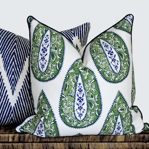 Green and navy pillow cover kelly green chinoiserie chic cushion block print style blue whit hamptons home decor coastal throw pillow