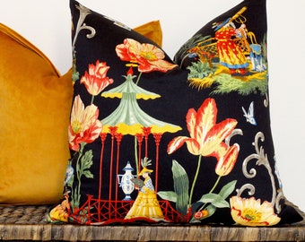 Black chinoiserie pillow red pagoda cushion asian toile accent throw cotton black gold pillow lotus fairy moon eclectic decor ginger jars