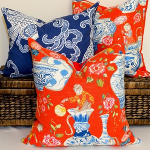 Chinoiserie ginger jar pillows monkey cushions red porcelain blue accent throw asian toile eclectic decor floral cushion ruby red decor