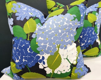 Hydrangea linen cushion cover, green, black, blue floral cushion Hydrangea Document