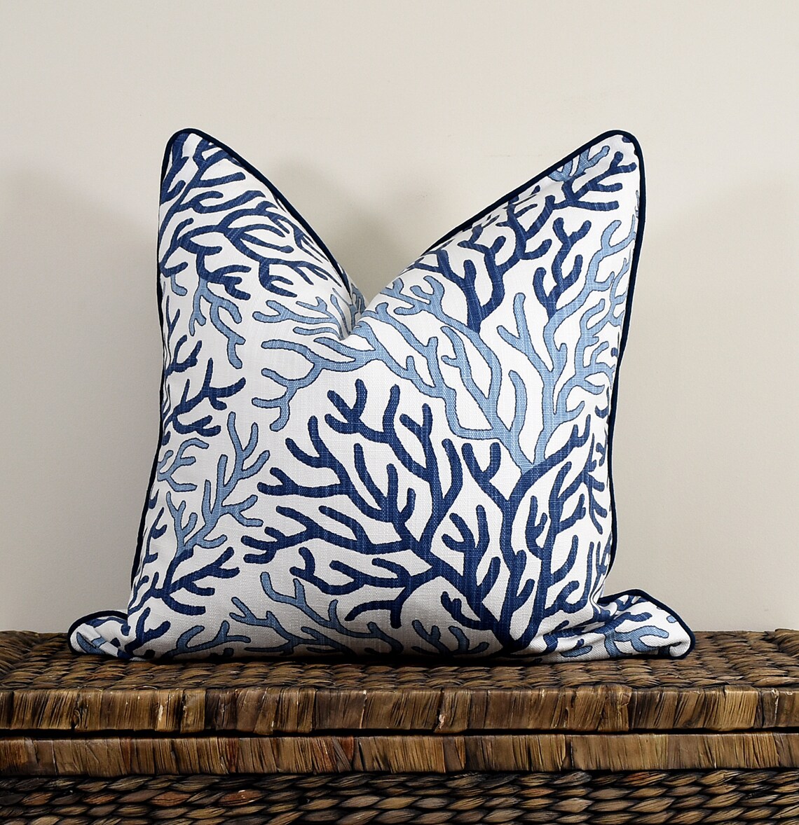 Blue and White Coral Pillow Cover Hampton Style Navy Blue - Etsy