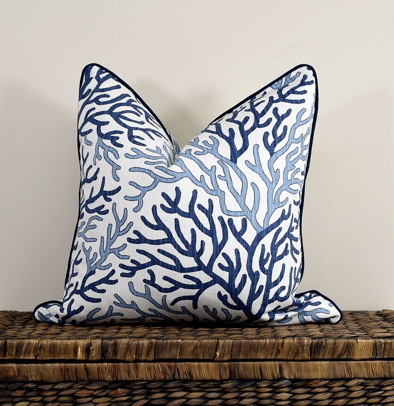 Blue and White Coral Pillow Cover Hampton Style Navy Blue Etsy