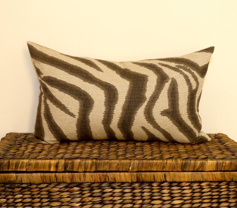 zebra cushion safari pillow african animal print tan and charcoal beige flax decorative accent throw british colonial style eclectic home