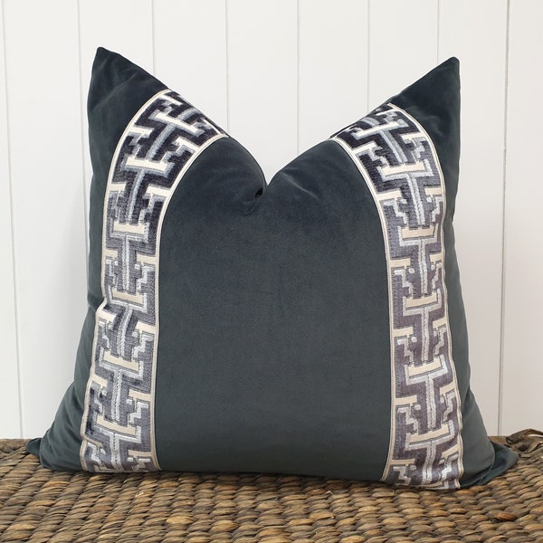 Greek Key velvet cushion, slate grey velvet pillow, Greek key cut velvet trim