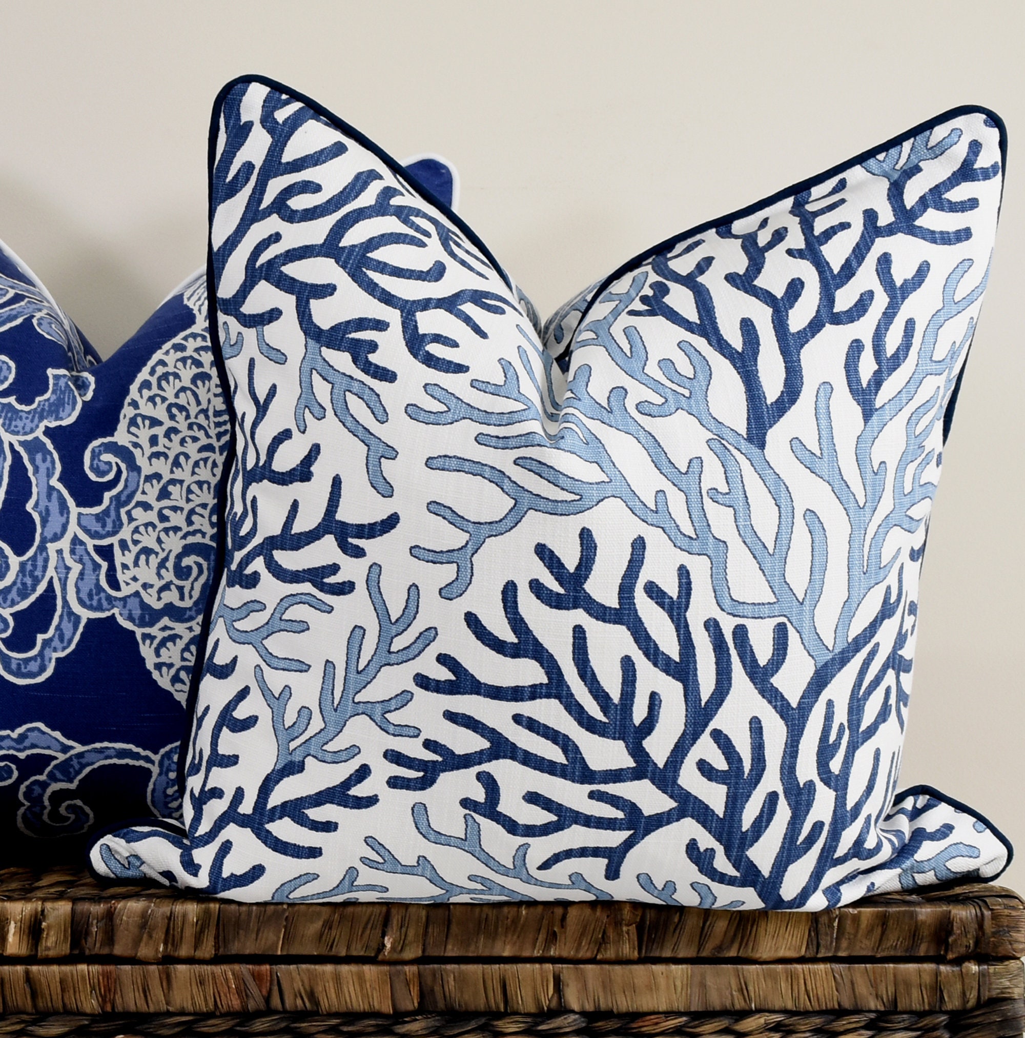 Blue and White Coral Pillow Cover Hampton Style Navy Blue - Etsy