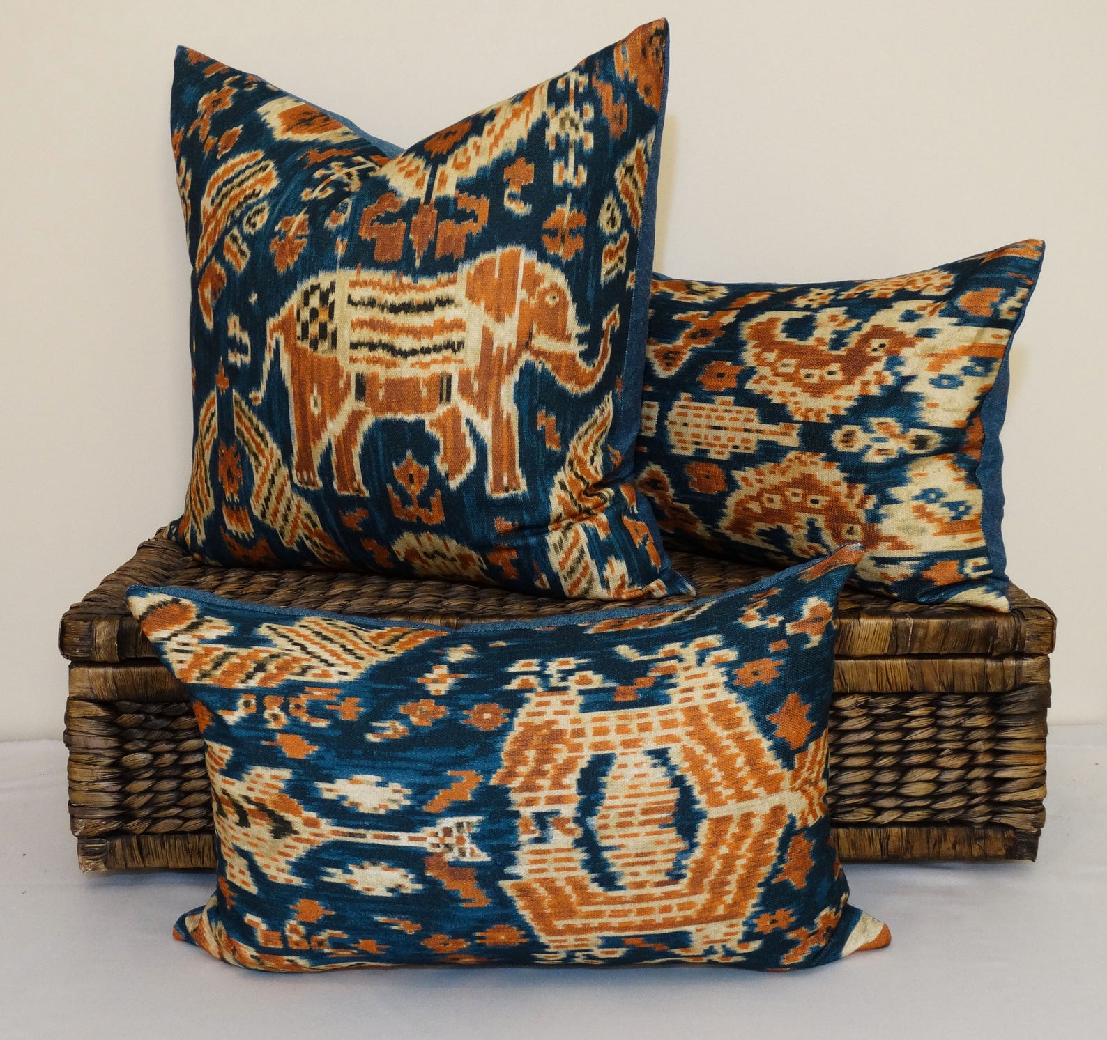 Tribal Elephant Cushion Blue Orange Ikat Pillow Boho Decor Etsy
