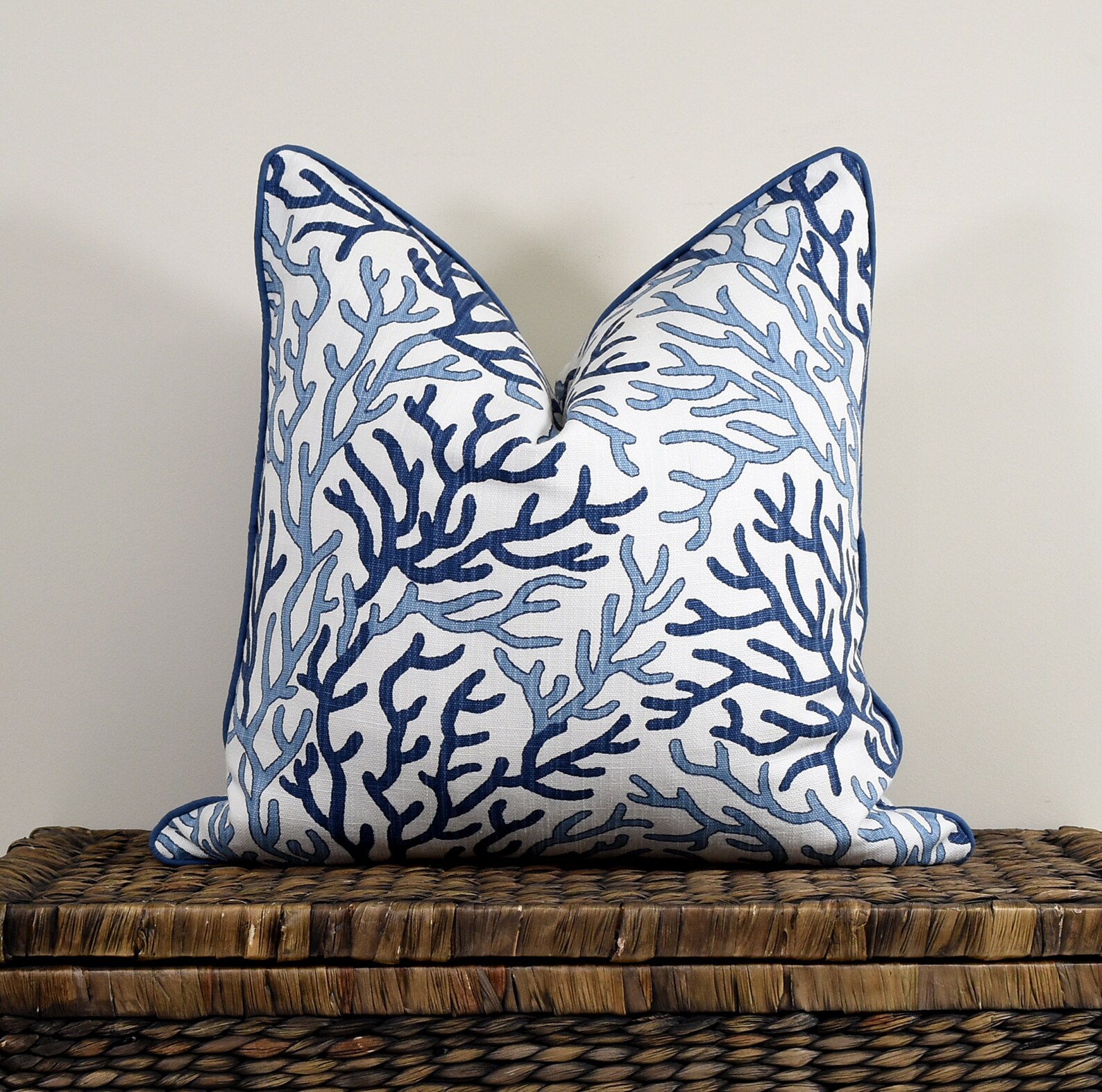 Blue and White Coral Pillow Cover Hampton Style Navy Blue - Etsy