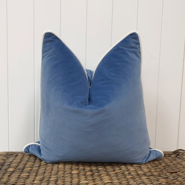 Delft bleu peluche velours housse de coussin bleu velours taie d'oreiller uni velours décoratif oreillers Hampton style côtier maison plage décor