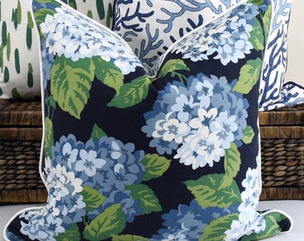 Navy and Green Hydrangea Pillow Cover Hampton Style cushion navy blue grey floral cushion coastal style