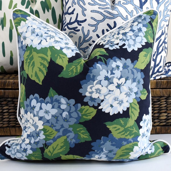 Navy and Green Hydrangea Pillow Cover Hampton Style cushion navy blue grey floral cushion coastal style