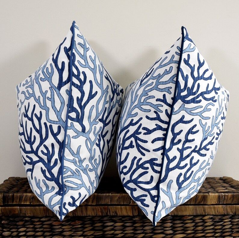 Blue and White Coral Pillow Cover Hampton Style Navy Blue Etsy