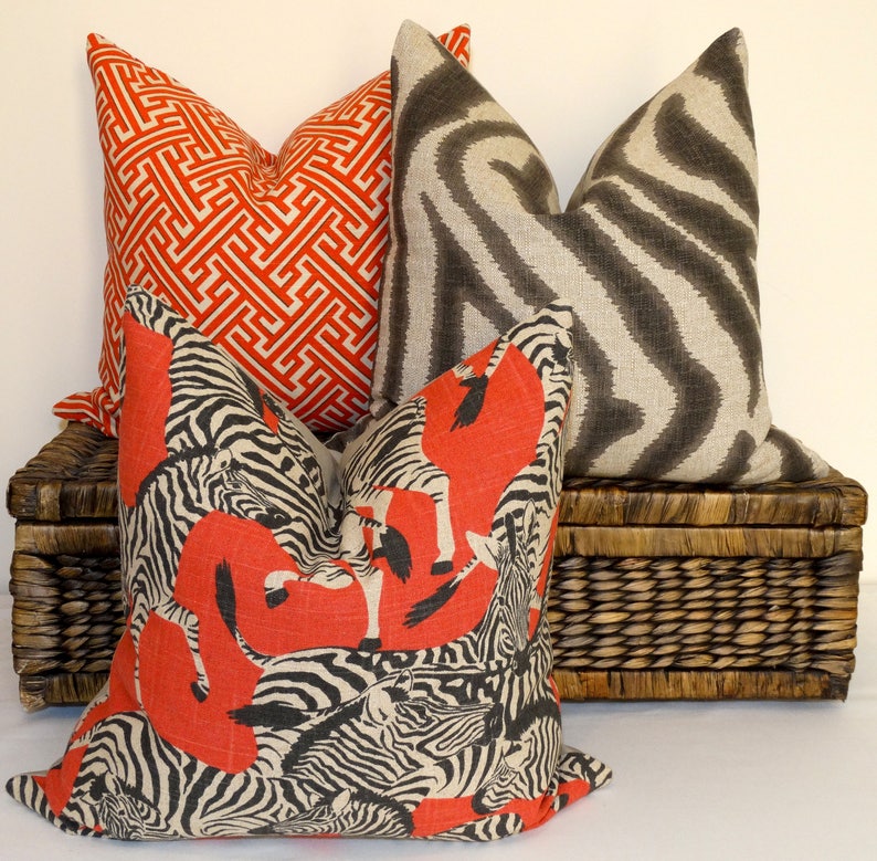 zebra cushion safari pillow african animal print tan and charcoal beige flax decorative accent throw british colonial style eclectic home