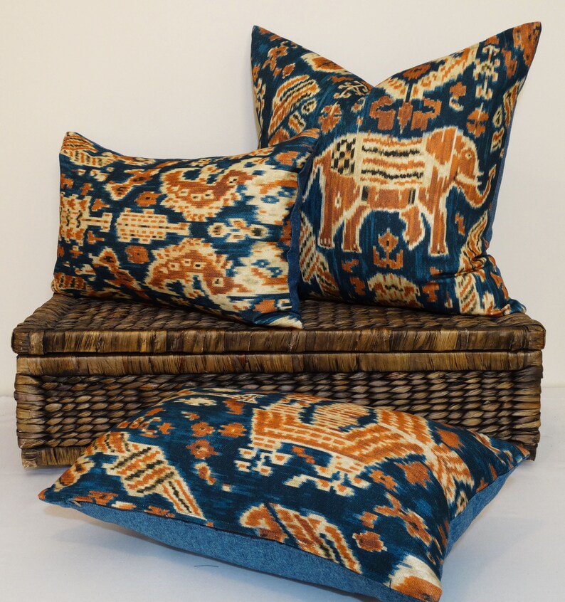 Tribal Elephant Cushion Blue Orange Ikat Pillow Boho Decor Etsy