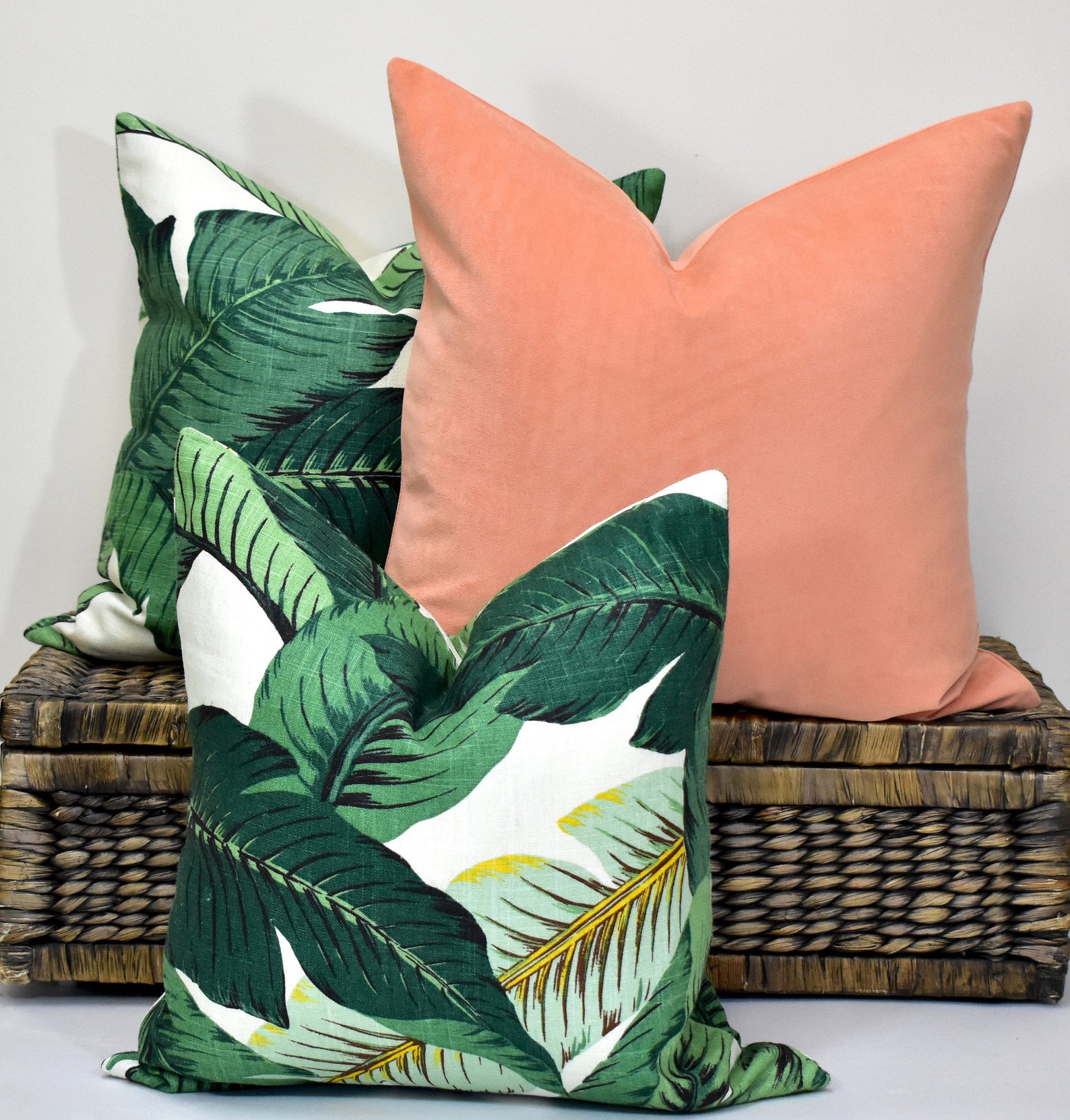 Palm Leaf Cushion Cover Green Tropical Linen Pillow Foliage Etsy