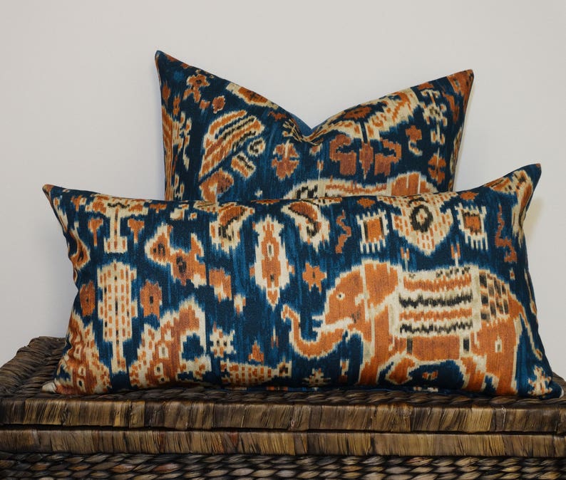 Tribal Elephant Cushion Blue Orange Ikat Pillow Boho Decor Etsy