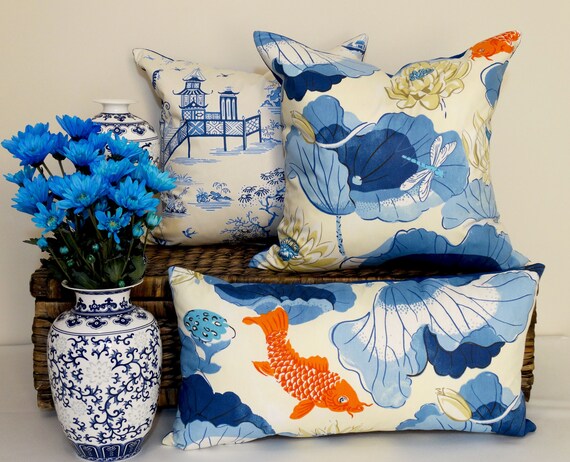 Chinoiserie pillow cover blue pagoda Throw Pillow Cover Sky Blue