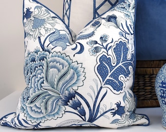 Hampton style blue floral classic cushion cover Jacobean floral pillow cover blue and off white coastal home decor