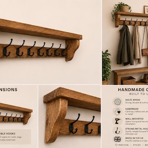 May include: A wall-mounted wooden shelf featuring seven black metal double hooks. The shelf measures 15 cm in depth and 22 cm in height. The unit is constructed from solid wood with a natural finish, designed for hanging coats, bags, and accessories.