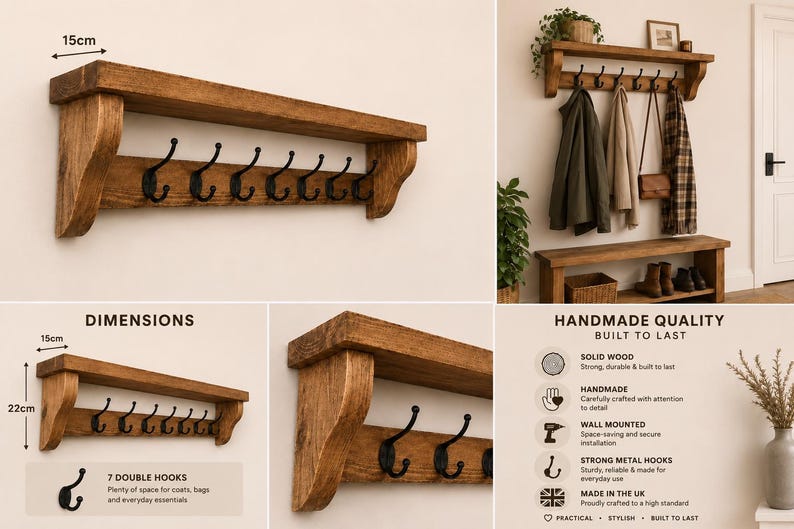 May include: A wall-mounted wooden shelf featuring seven black metal double hooks. The shelf measures 15 cm in depth and 22 cm in height. The unit is constructed from solid wood with a natural finish, designed for hanging coats, bags, and accessories.