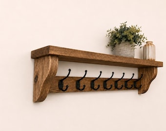 Rustic Coat Rack with Shelf, Handmade Wooden Wall Mounted Coat Hooks, Farmhouse Entryway Shelf, Hallway Storage, Solid Wood