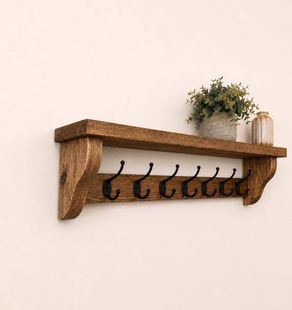 Rustic Coat Rack with Shelf, Handmade Wooden Wall Mounted Coat Hooks, Farmhouse Entryway Shelf, Hallway Storage, Solid Wood