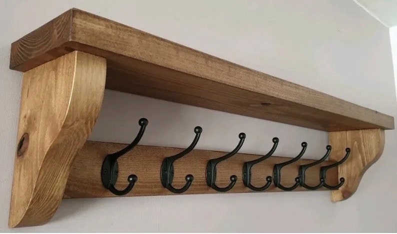 Rustic Coat Rack with Shelf, Handmade Wooden Wall Mounted Coat Hooks, Farmhouse Entryway Shelf, Hallway Storage, Solid Wood image 3